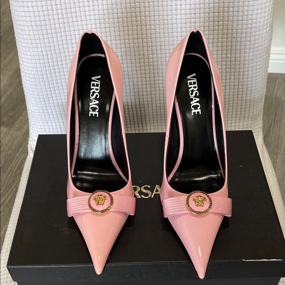 Versace Blush Pink Heels with Gold Medallion
